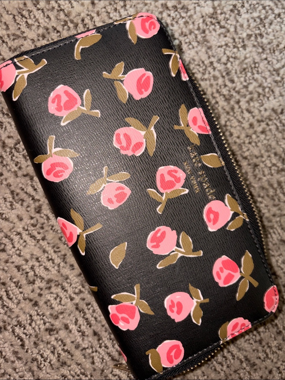 kate spade Black Pink Floral Zip-Around Wallet NWOT